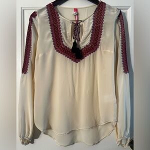 PLENTY by TRACY REESE XS Ivory Boho Blouse Tassel Tie Red Blue Black Embroidery